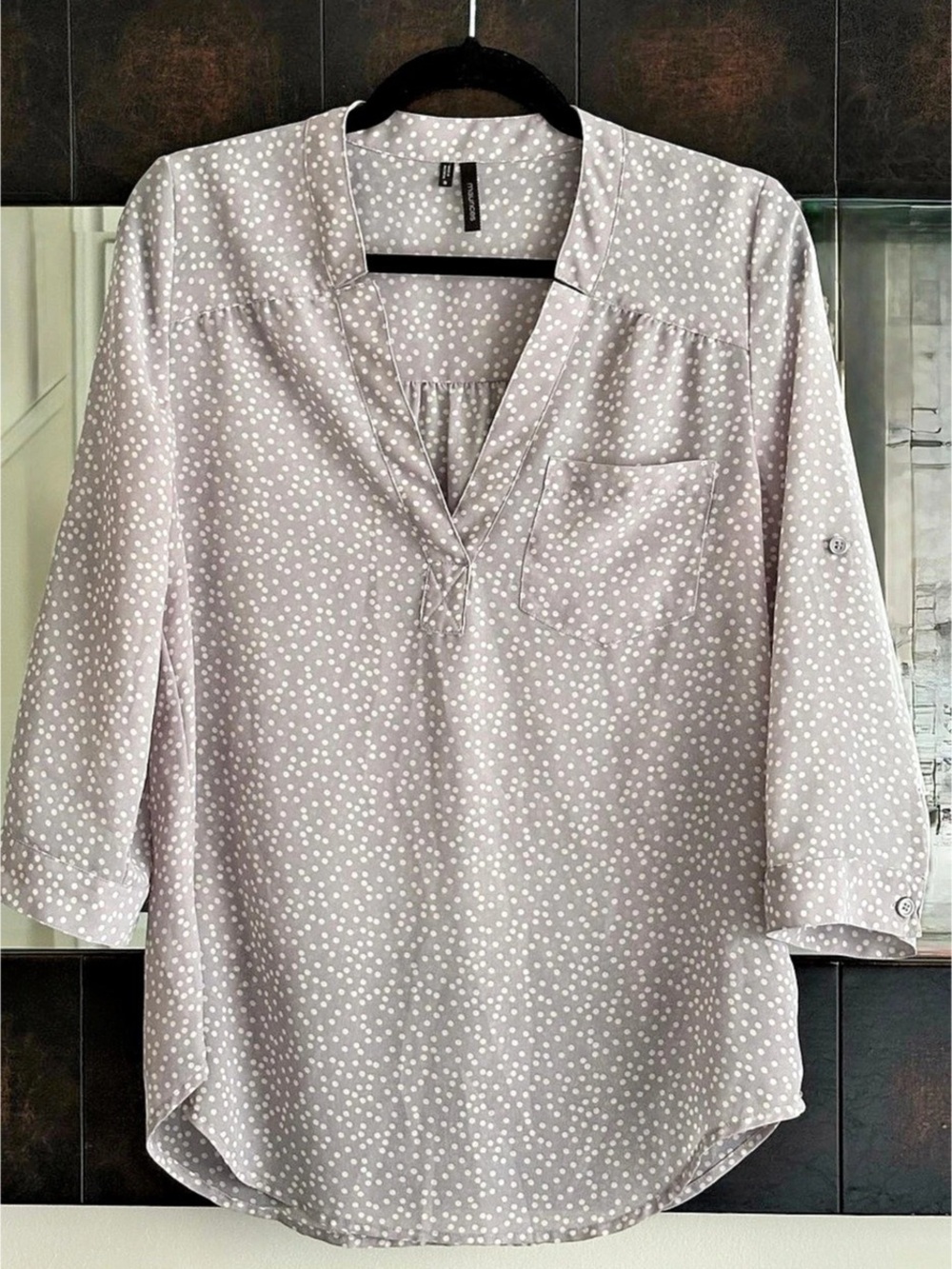 Maurices Polka Dot Blouse in Gray & White Size Medium
